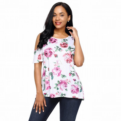 

V-neck short-sleeved floral print knit chic straight T-shirt top
