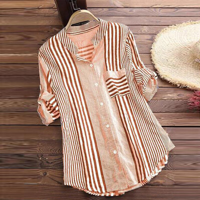 

Starmoon Women Plus Size Three Quarter Striped Print V-Neck Loose Fit Top T-Shirt Blouse
