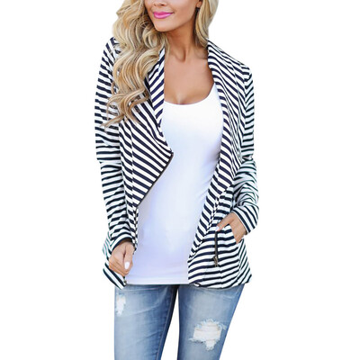 

Toponeto Women Stripe Drape Front Open Zipper Casual Cardigan Thin Coat Tops Outcoats