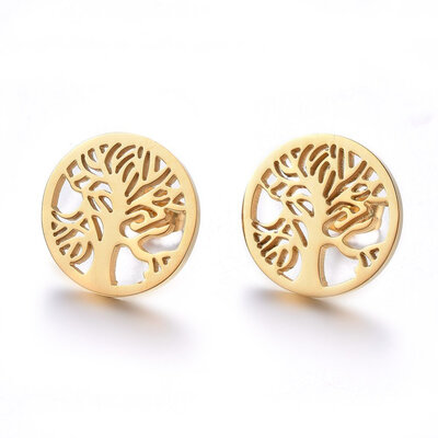 

304 Stainless Steel Stud Earrings Flat Round with Tree of Life Golden 15x12mm Pin 08mm