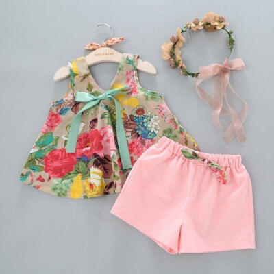 

Cute Kids Baby Girl Flower Tops VestShorts 2pcs Outfit Set Sunsuit Summer Clothes