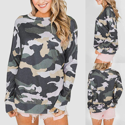 

Tailored Women Casual Camouflage Print Full Sleeve O Neck Pullover Loose Street Blouse