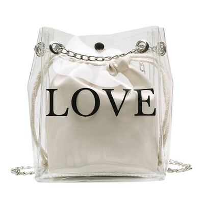 

Women Transparent Bucket Bag Letter Print Chain Shoulder Bags Ladies Clear PVC Jelly Crossbody Messenger Bag T2G