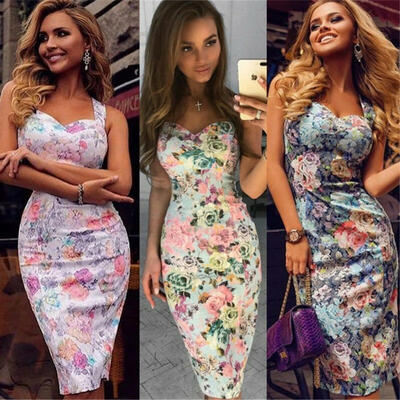 

UK Summer Women Bandage Sleeveless Bodycon Dress Floral Evening Party Gown Dress