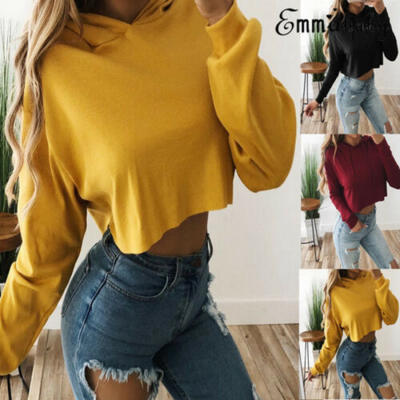 

Womens Casual Long Sleeve Hoodie Jumper Pullover Cropped Tops Sweatshirt Blouse