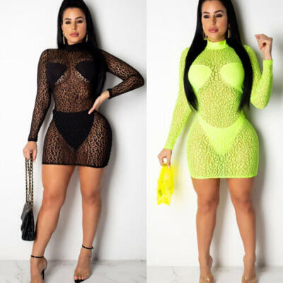 

USA Womens Sexy See Through Sheer Mesh Bodycon Dress Clubwear Party Short Dress