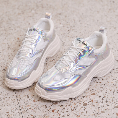 

Dazzling bright light shoes father shoes female hundred-set Korean version breathable mesh surface thick-bottomed red sports shoes