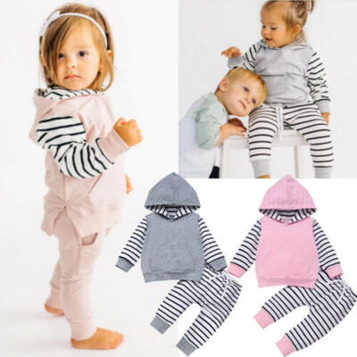 

2PCS Newborn Baby Boy Girl Winter Clothes Set Hooded Tops Striped Pants Outfits