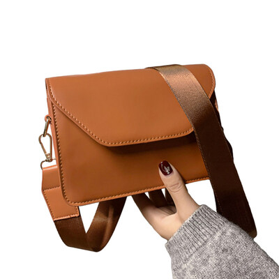 

Solid Color Wide Strap Square Faux Leather Flap Women Crossbody Shoulder Bag