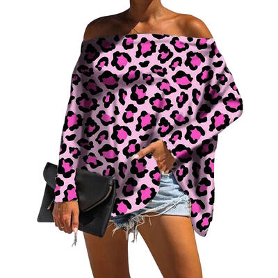 

Women Word Shoulder T-shirt Leopard Print Fashion Long Sleeve Tops