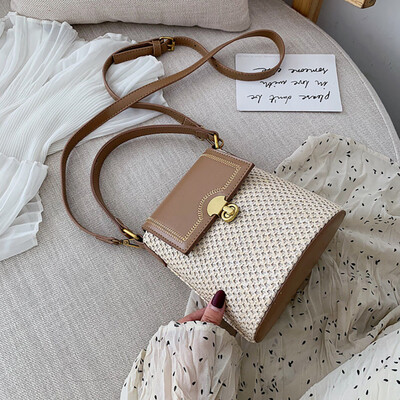 

Tailored Women Fashion Summer Beach Wild Bucket Messenger Shoulder Bag Solid Weaving Bag