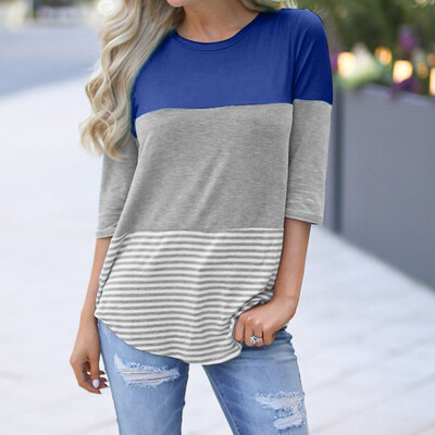 

Nomeni Womens Casual Loose Striped Patchwork Lace Three Quarter Sleeve Shirts