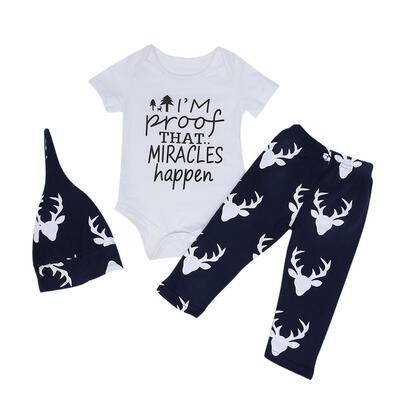 

3pcs Casual Baby Girl Boy Romper Cartoon Deer Print Pants Hat Outfits Set