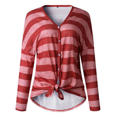 

Stripes Print V Collar Women T-shirt Irregular Buttons Lace Up Long Sleeve Casual T-shirt Loose Tops