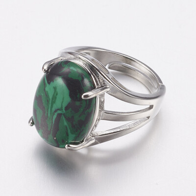 

Natural Malachite Wide Band Finger Rings with Alloy Ring Findings Oval 18mm