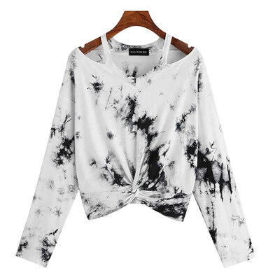 

New Arrival Spring And Autumn Fashion Women Casual Chinese Ink Style Tie-Dye Printed Kink Waist Blouse Long Sleeve Shirt Tops