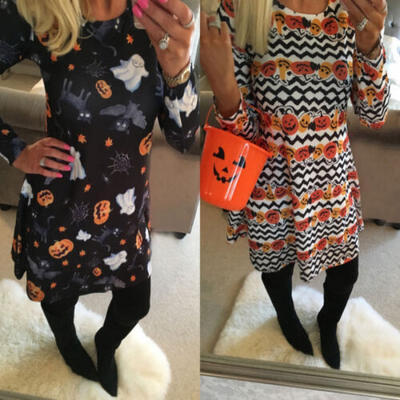 

US STOCK Women Halloween Print Long Sleeve Stripe Blazer Skater Swing Dress