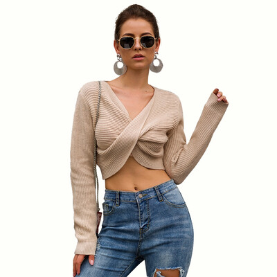 

Women Autumn Solid Color Short Style Cross Slim Fit Long Sleeve Sweater