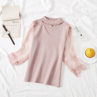 

Women V-Neck Hollow T-Shirts Knitted Slim Top Lace Stitching Half Sleeeve Casual Tops