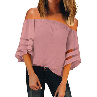 

Starmoon Women Off Shoulder Mesh Panel Blouse 34 Bell Sleeve Loose Top Shirt