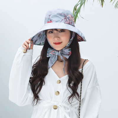 

Sunshade womens summer new two-purpose pure cotton print folding cloth cap Korean strap bow big edge cap