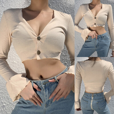

Tailored Women Fashion V-Neck Solid Button Knitted Pagoda Sleeve Short Blouse Tops