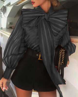 

Women Mesh Puff Sheer Sleeve Bow tie Neck Tops Work Party Casual Blouse Shirts