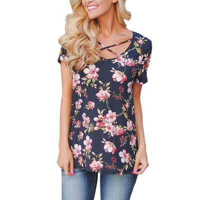

Round neck short sleeve printed neckline cross casual T-shirt top