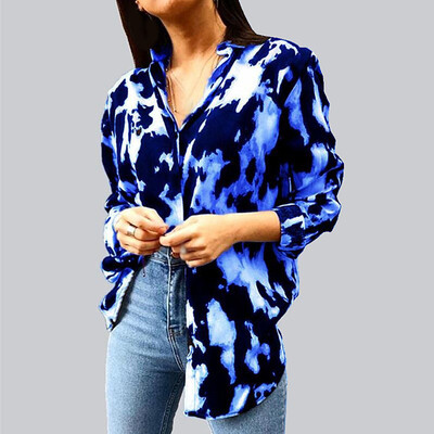 

Women Casual Autumn Printed Blouse Lapel Collar Loose Long Sleeve Plus Size Tops