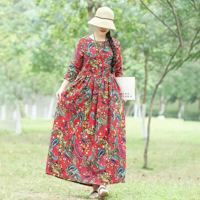 

Vintage Women Autumn Floral Print Cotton Linen Dress O Neck Three Quarter Sleeve High Waist Pleated Pocket Loose Maxi Dress