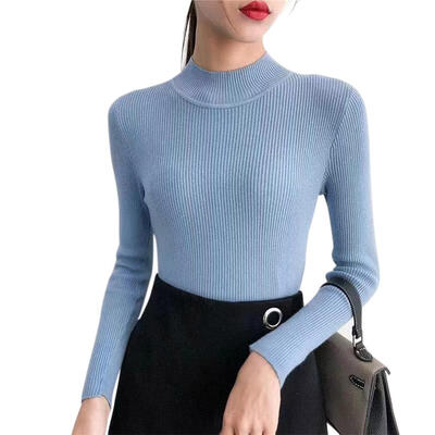 

Autumn Women Knitted Base Shirt Half High Collar Slim Solid Color Bottoming