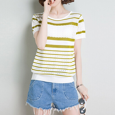

Starmoon Women Fashion Leisure O-Neck Short Sleeve Stripe T-Shirt Tops Knitting Blouse