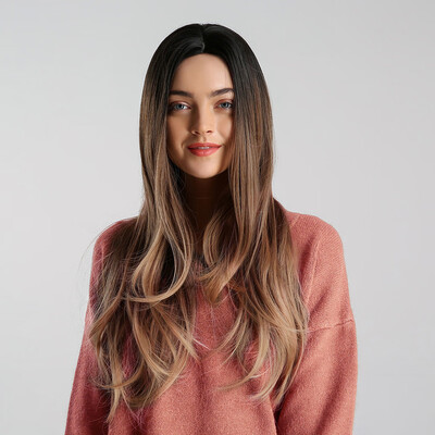

Gobestart Mix Color Gradient Wig Lady Long Curly Hair Synthetic Wig Fashion Wavy Wigs Cap