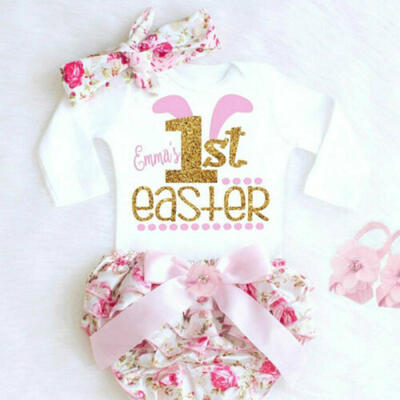 

UK Infant Baby Girl Kid My 1st Easter Bunny Sets Romper Shorts Headband 3PCS