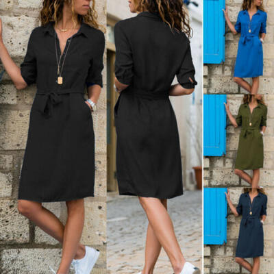 

US STOCK Womens Summer Party Button Belt Ladies Long Smock Midi Sundress New