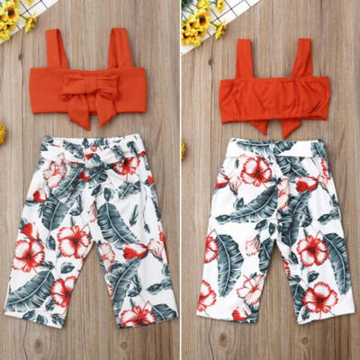 

US 2PCS Kids Baby Girl Clothes Sling Knot-bow Crop Tops Floral Pants Outfit Set