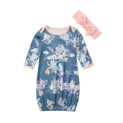 

Newborn Baby Girls Kids Long Sleeve Floral Knotted Infant Sleepwear BagHeadband