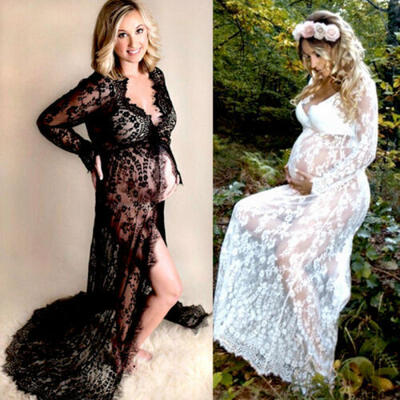 

Sexy Pregnant Women Lace Maternity Long Gown Maxi Deep V Dress Photography Props