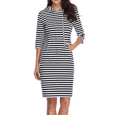 New Women Fashion Casual Striped Long Sleeve Drawstring Hoodie Dress Sexy Slim Hooded Sweatshirt Dress With Pocket