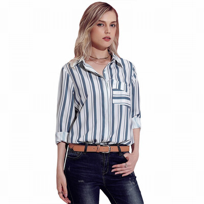 

Suit collar long sleeve button striped casual loose blouse top