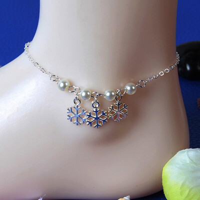 

New simple snowflake anklet alloy snowflake imitation pearl handmade jewelry foot chain simple single layer ladies anklet