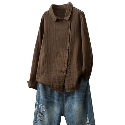 

Nomeni Women Retro Long Sleeve Plus Size Solid Casual Loose Button Tops Blouse Shirt