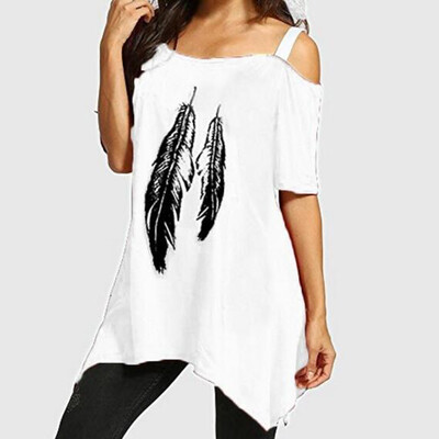 

Nomeni Women Fashion Feather Print One-Shoulder Large Size Irregular Hem T-Shirt