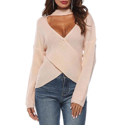 

Long Sleeve Cross Irregular Deep V Neck Women Knitted Tops Pullover Clothes