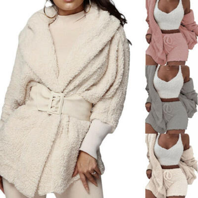 

UK Womens Winter Warm Fluffy 2Pcs Pajamas Sets Ladies Hooded Homewear Nightwear