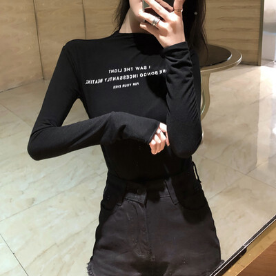 

Autumn Woman Letter Print Cropped Stand Collar T-shirt Female Half-high Collar print Long-sleeved Short Slim Bottoming Shirt