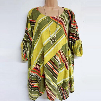 

Nomeni Plus Size Women Short Sleeve O-neck Stripe Printing T-Shirts Tops Blouses