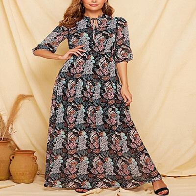 

Boho Allover Half Sleeves V-neck Lace Up Full-length Wrap Dress