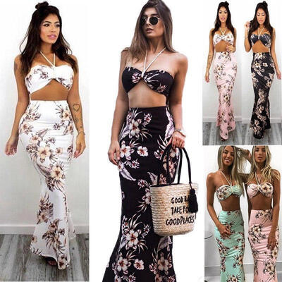 

Summer Beach Women Evening Party Dress Maxi Long Skirt Crop Top Two Piece Set CA