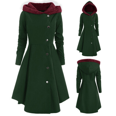 

Roseonmyhand Women Plus Size Asymmetric Fleece Hooded Single Breasted Long Drap Buttons Coat